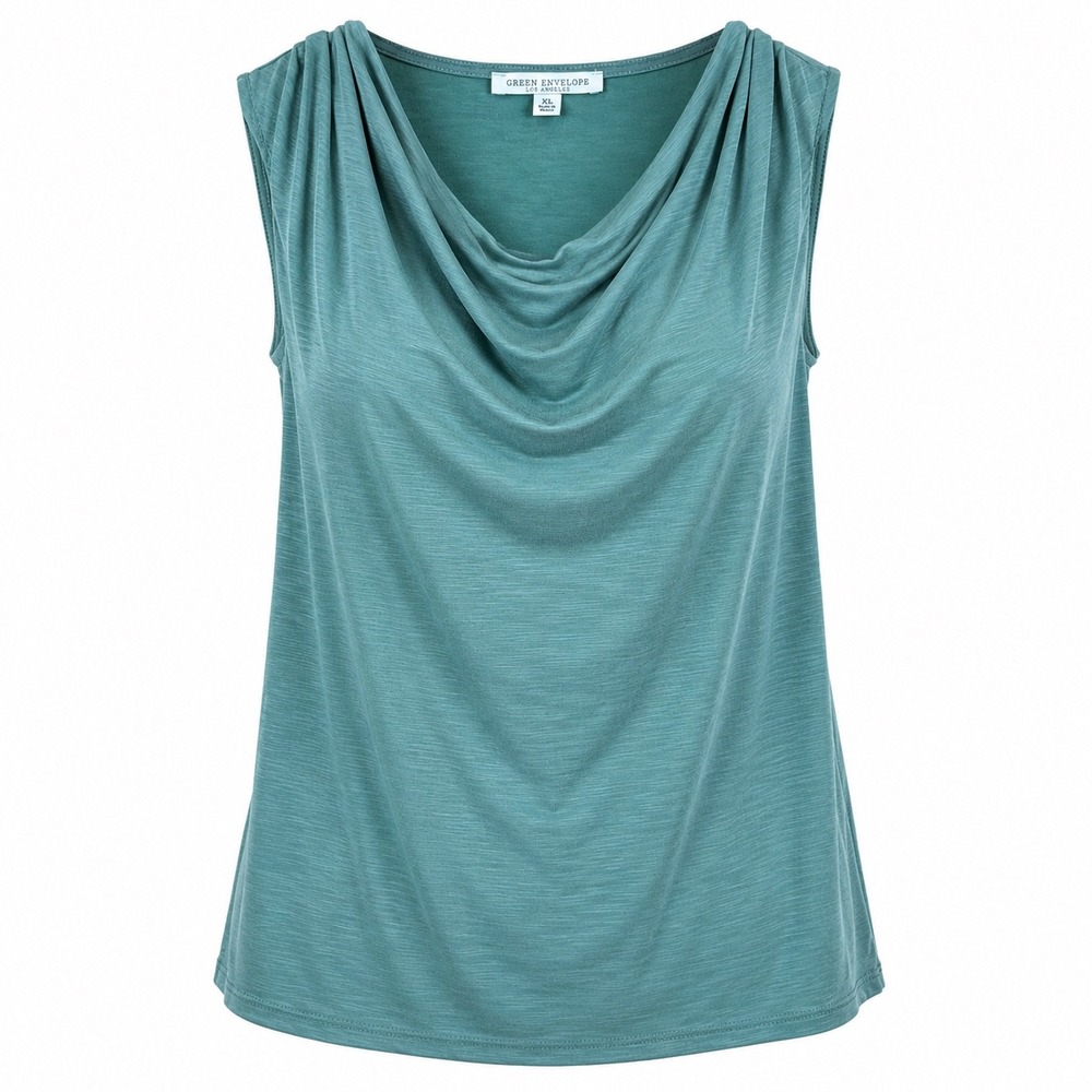 Green Envelope Cowl Neck Top XL Rayon Blend Minimalist Office Chic Teal Blouse